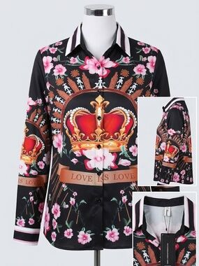 NWT Women’s Crown Floral Button Front Blouse Shirt Top Black Pink Size L